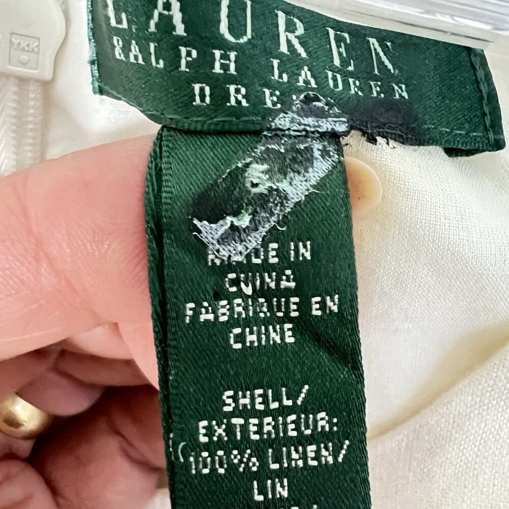 Lauren Ralph Lauren 100% Linen Dress Women 6 Ivory Fit Flare Pintuck Lace Lined - Picture 11 of 15